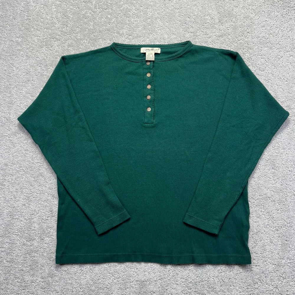 Eddie Bauer Henley Shirt Womens Large Forest Green Ribbed‎ Cotton Long Sleeve